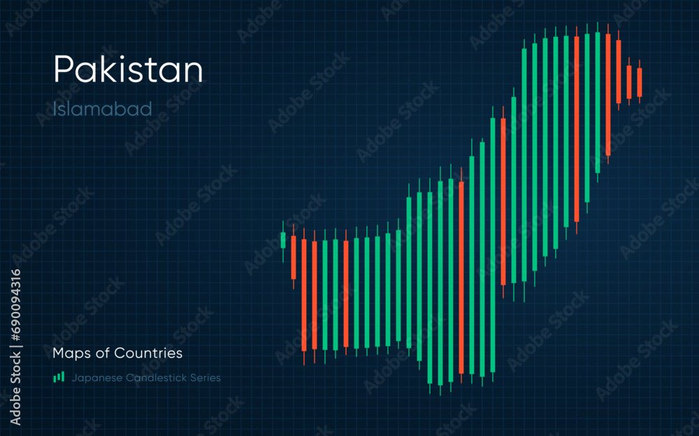 Pakistan map is shown in a chart with bars and lines. Islamabad. Banking. Japanese candlestick chart Series