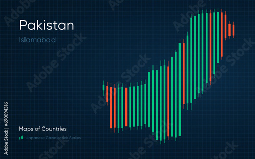 Pakistan map is shown in a chart with bars and lines. Islamabad. Banking. Japanese candlestick chart Series