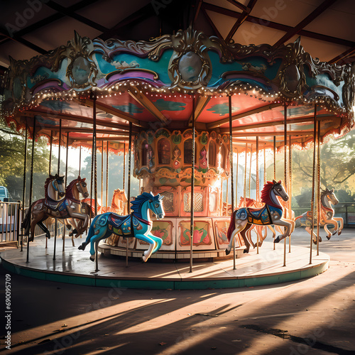 A whimsical carousel in an empty amusement park photo