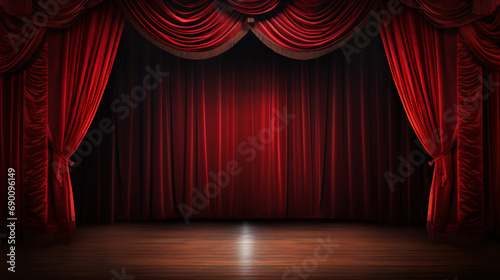 Theater stage with red curtain and parquet ground