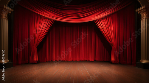 Theater stage with red curtain and parquet ground