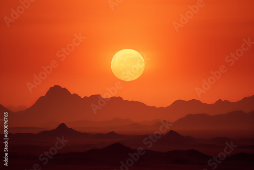 Intense heat waves ripple over a serene desert landscape at sunset - with vibrant orange and red hues painting the scorching scene. © Davivd
