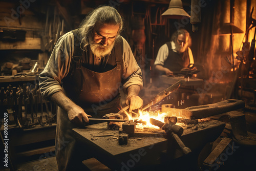 A blacksmith expertly works glowing hot metal in a forge - surrounded by intense heat and flames - showcasing traditional metalworking.