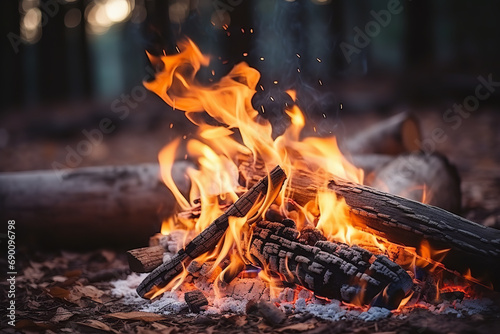 A close-up of a cozy campfire in the wilderness, capturing the essential warmth for survival with vivid flames and glowing embers.