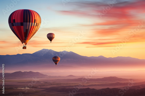 Hot air balloons rising gracefully at sunrise - illuminated by a warm glow - offering a serene ascent and tranquil flight in scenic beauty.