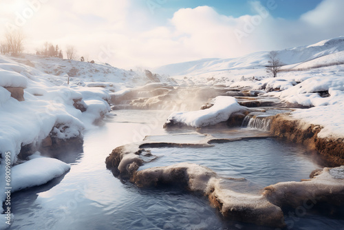 Steaming hot springs emerge in a snowy landscape - a natural wonder showcasing the geothermal heat and striking contrast of hot and cold.