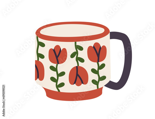 Ceramic mug with flower pattern. Modern tea and coffee cup painted and decorated with floral print. Beautiful teacup. Cute crockery, pottery. Flat vector illustration isolated on white background