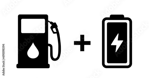 Hybrid Car Icon. Plug-in Hybrid Electric Vehicle. PHEV Car Icon. Electric Energy And Fuel Engine. Gas Station And Electrical Car Charger Sign. Vector Illustration