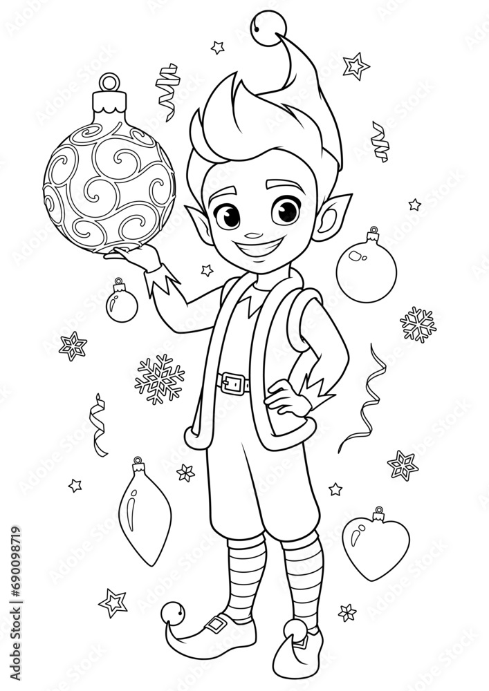 Cute happy Elf boy with Christmas ball. Santas little helper coloring