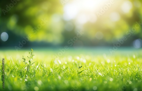 Beautiful blurred background image of spring nature with a neatly trimmed lawn surrounded by trees against a trees in the park a bright sunny day.