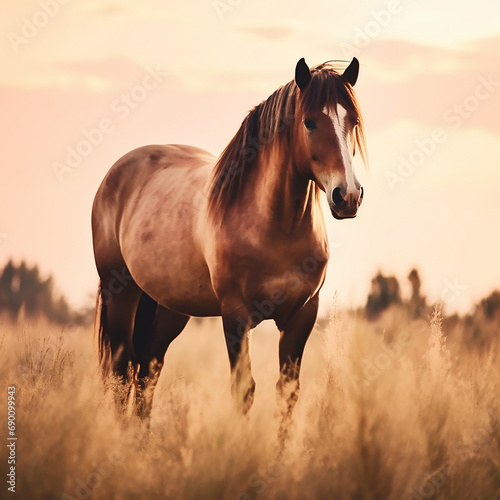 Horse in the field at sunset.