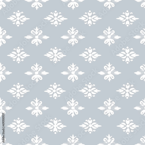 Seamless white floral pattern on grey background.