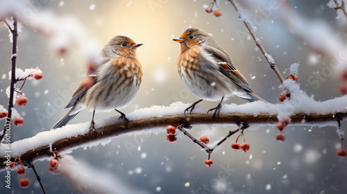 Two birds are sitting on a snowy tree branch
