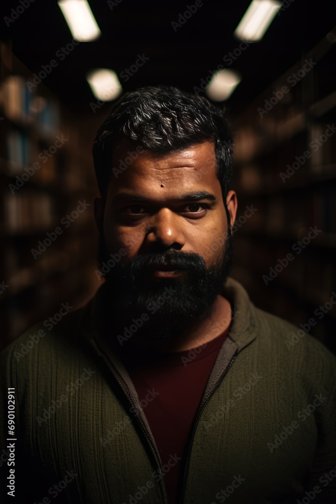 The Wise Scholar Immersed in Knowledge. A Bearded Man Standing in a Majestic Library The Wise Scholar Immersed in Knowledge. A Bearded Man Standing in a Majestic Library