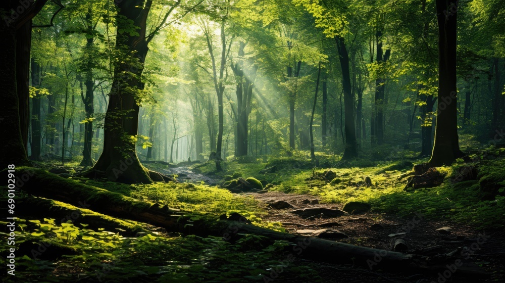 Obraz premium Golden rays dance through the forest