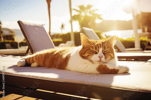 Satisfied happy cat lies on a sun lounger on the beach in summer