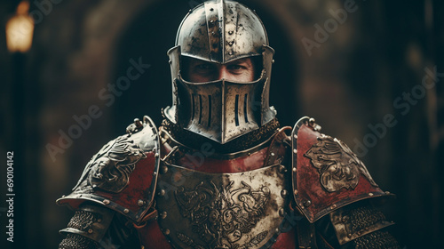 Medieval knight warrior in full armor, Helmet off revealing stern expression, AI Generated