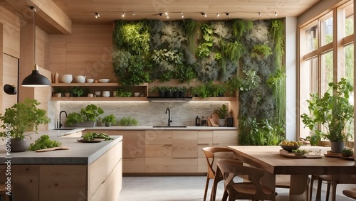 A nature-inspired kitchen, where a vertical herb garden, stone countertops, and sunlight streaming through skylights create a fresh culinary atmosphere.

 photo