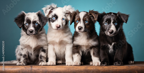 a group of four puppies sitting next to each other on a table with blue eyes and a blue background, symmetrical eyes, a stock photo, incoherents, generative ai © Vitaliy