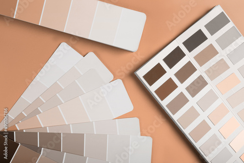 Color samples palette design catalog. New trending PANTONE Peach Fuzz colour of 2024 year photo