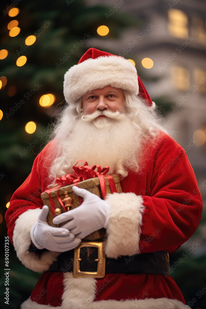 Santa Claus with a gift on the background of a Christmas tree2