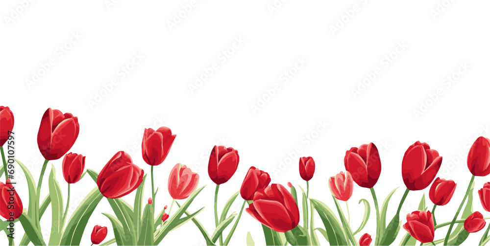 spring background. tulip flower bottom border under the wallpaper. free space for text. - obrazy, fototapety, plakaty 