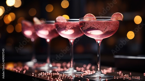 A group of stylish pink girlish cocktails in glasses with high stems at the bar counter. Generative AI photo