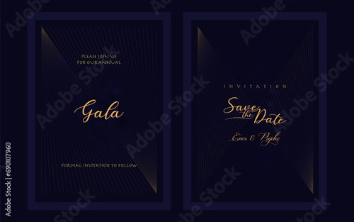 Luxury gala invitation card background vector. Golden elegant wavy gold line pattern on black background. Premium design illustration for wedding and vip cover template, grand opening.