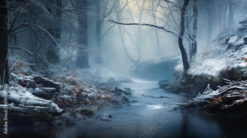 Winter landscape with a river in the old dense forest © Tariq