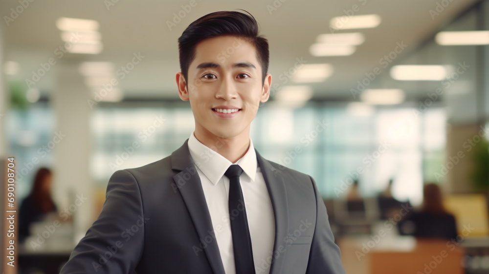 Portrait of happy Asian businessman looks at camera on the office blurred background