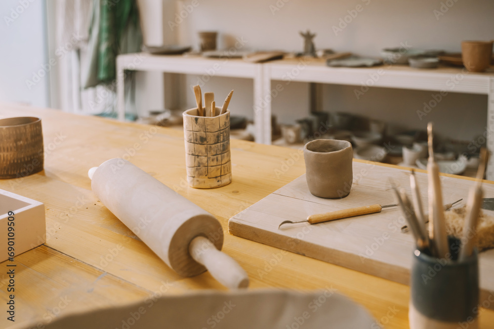 Equipment for creating handmade ceramic pottery products at art studio workshop