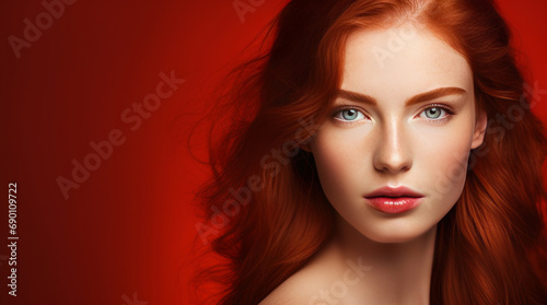 Portrait of an elegant, sexy happy Caucasian woman with perfect skin and red hair, on a red background, banner.