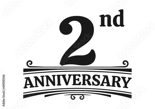 2 years anniversary logo, icon or badge. 2nd birthday, jubilee celebration, wedding, invitation card design element. Vector illustration.