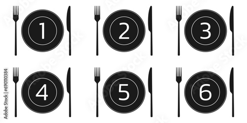 Dish portion number icon or sign with plate, fork and knife. 1,2,3,4,5,6 portions symbol. Vector illustration.