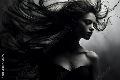 Beautiful woman with hair blowing in wind. Photo of beautiful woman with magnificent hair. Young brunette model with hair flying in the wind. Black and white mystical image.