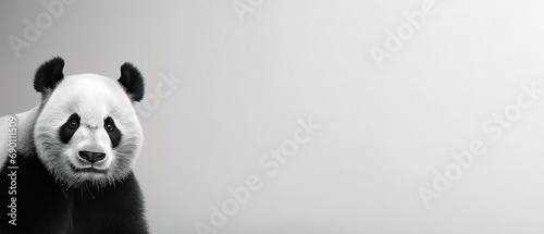 Front view of panda on gray background. Wild animals banner with copy space
