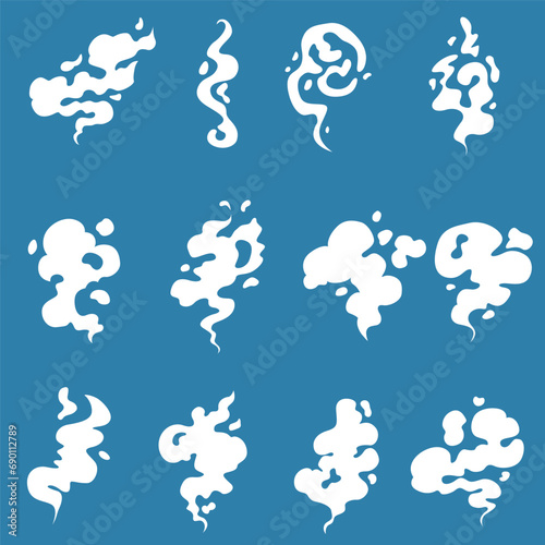 Cartoon smoke clouds. Comic smoke flows, dust, smog and smoke steaming cloud silhouettes. Smell clouds. Smoke from vapour or food toxic smell