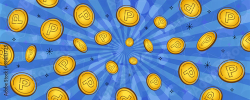 キラキラした金色のポイントコインが飛んでいる青いベクター背景画像