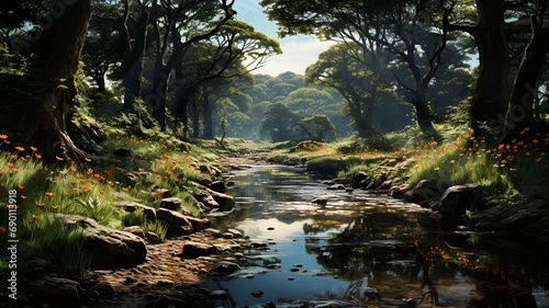 Stream flowing in the forest. Feel tranquility in the rustic nature. Generative AI. 