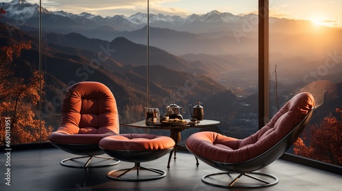 Luxurious interior with mountain view. Two glass chairs in modern room. Nice interior with windows.