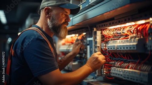 Electrician man working on a electric panel. Man doing electric work. Electrician working.