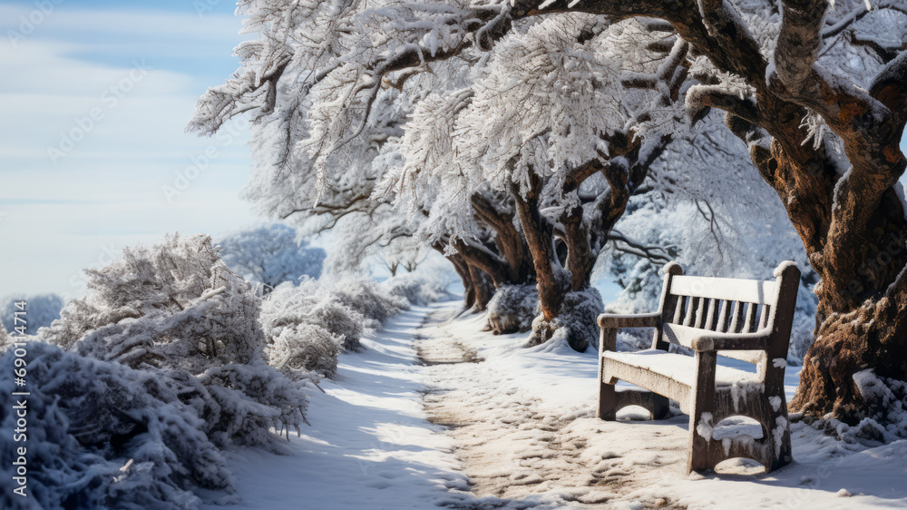 Beautiful winter landscape with snow covered trees and bench in the park