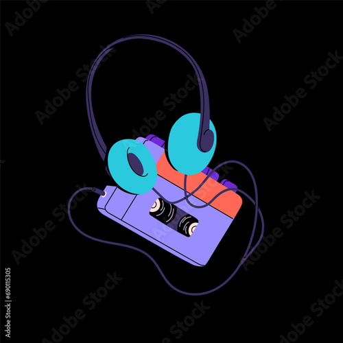 Old analog cassette audio player. Retro tape music recorder with headphone. Vintage musical technology, 80s, 90s mixtape device. Retrowave wireless stereo equipment. Flat isolated vector illustration