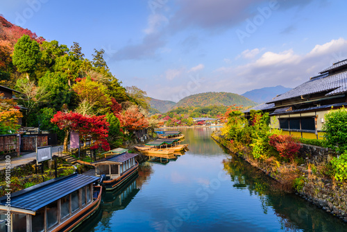 Arashiyama Kyoto Japan in autumn season. View of Arashiyama Katsura river form Togetsu or Togetsukyo bridge. photo