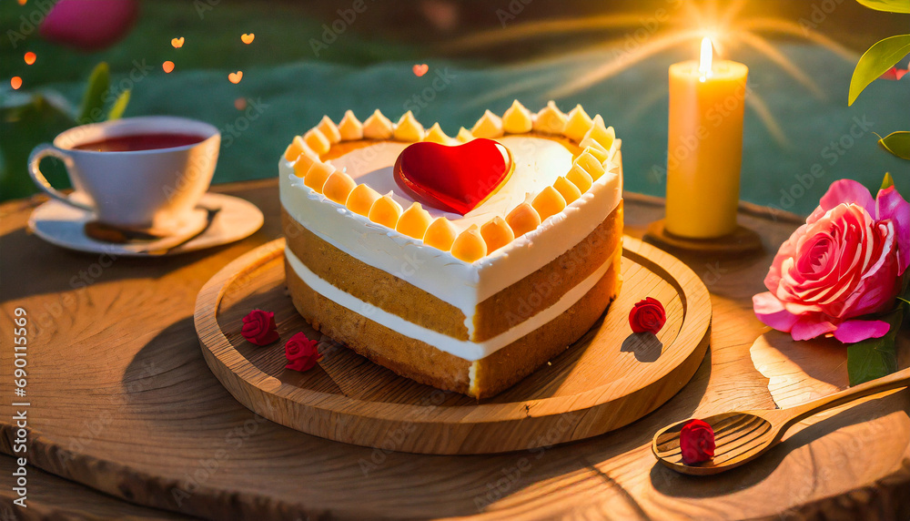 Cake on wooden plate with a heart-shaped candle light