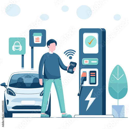Payment for charging the car. Car charger connector in hand man 
