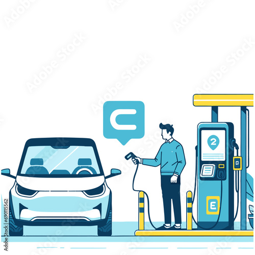 Men charge an electric car at a charging station. Vector illustration