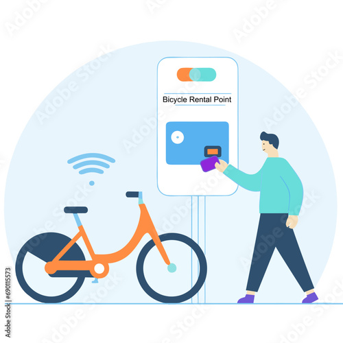 City bike rental at the station and paid cashier. Mobile application on your phone to rent a scooter in the city. Urban transport. Modern technologies.