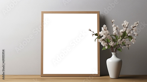 Photo poster frame mockup with a green plant and wooden frames on a transparent background. area PNG File