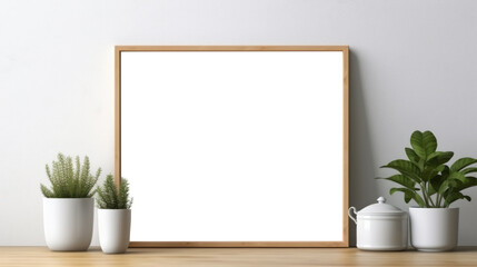 Photo poster frame mockup with a green plant and wooden frames on a transparent background. area PNG File